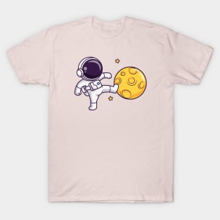 Cute Astronaut Kick Moon Cartoon T-Shirt